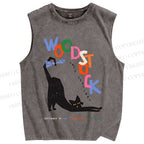 Unisex Black Cat With A Bow Printed Washed Tank Top