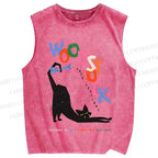 Unisex Black Cat With A Bow Printed Washed Tank Top