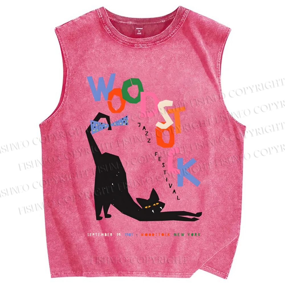 Unisex Black Cat With A Bow Printed Washed Tank Top