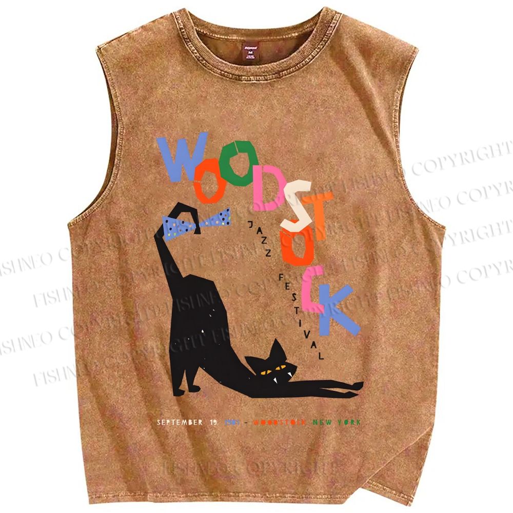 Unisex Black Cat With A Bow Printed Washed Tank Top