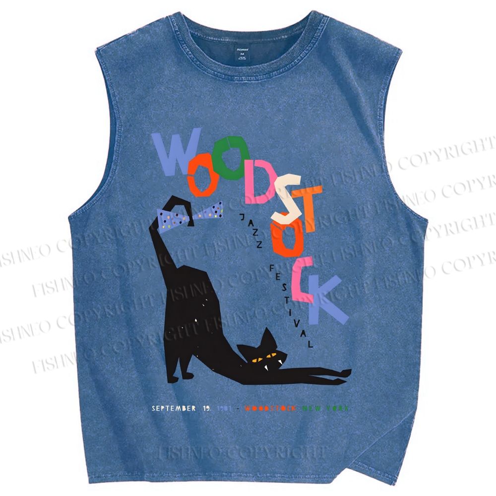 Unisex Black Cat With A Bow Printed Washed Tank Top