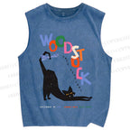 Unisex Black Cat With A Bow Printed Washed Tank Top