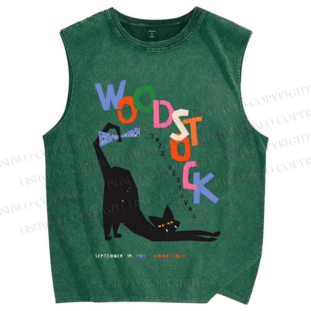 Unisex Black Cat With A Bow Printed Washed Tank Top