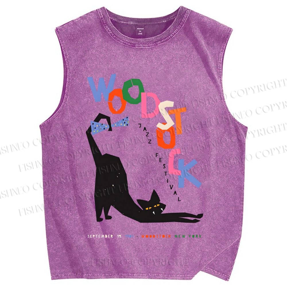 Unisex Black Cat With A Bow Printed Washed Tank Top