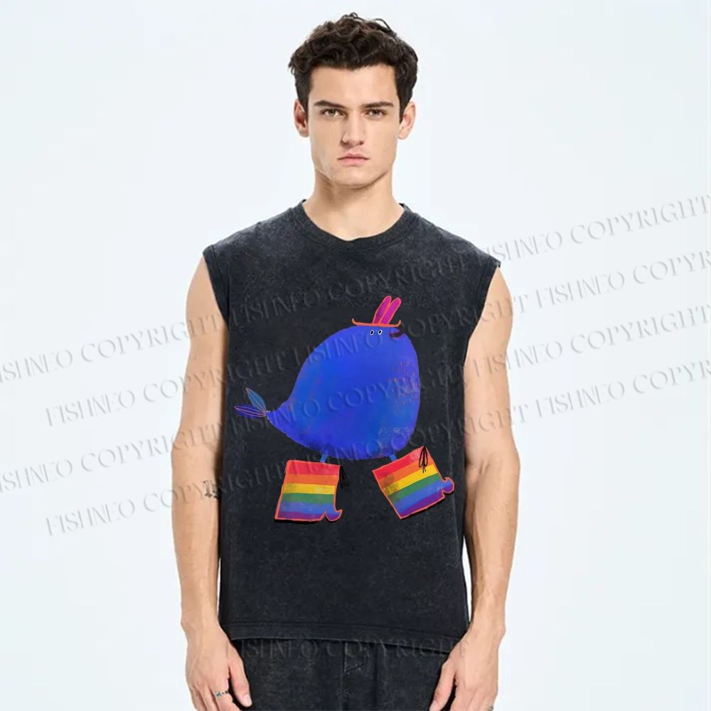 Unisex Wearing Rainbow Boots Whale Printed Washed Tank Top