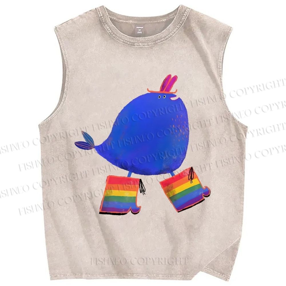 Unisex Wearing Rainbow Boots Whale Printed Washed Tank Top