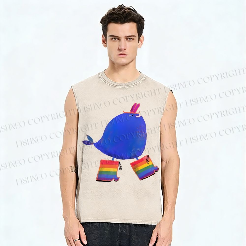 Unisex Wearing Rainbow Boots Whale Printed Washed Tank Top