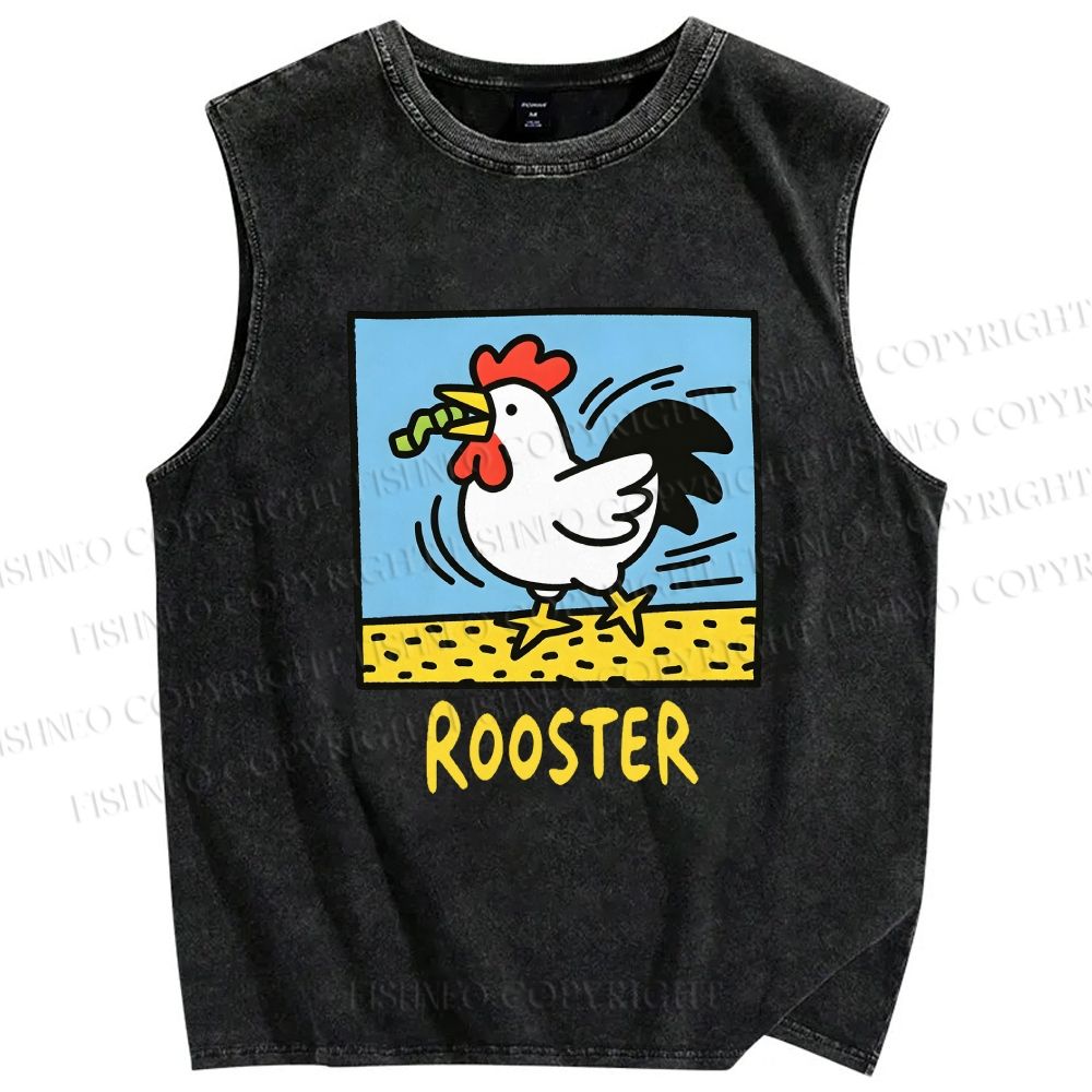Unisex Rooster Printed Washed Tank Top