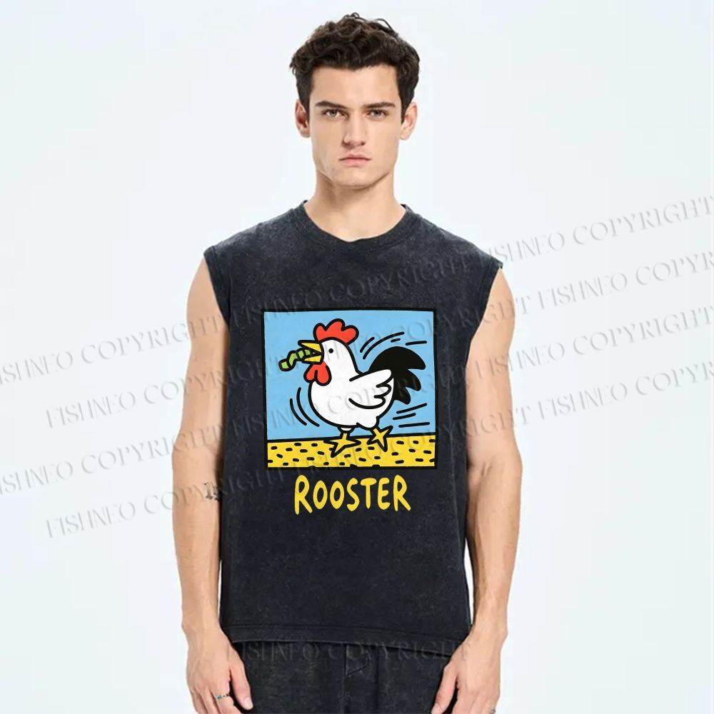 Unisex Rooster Printed Washed Tank Top
