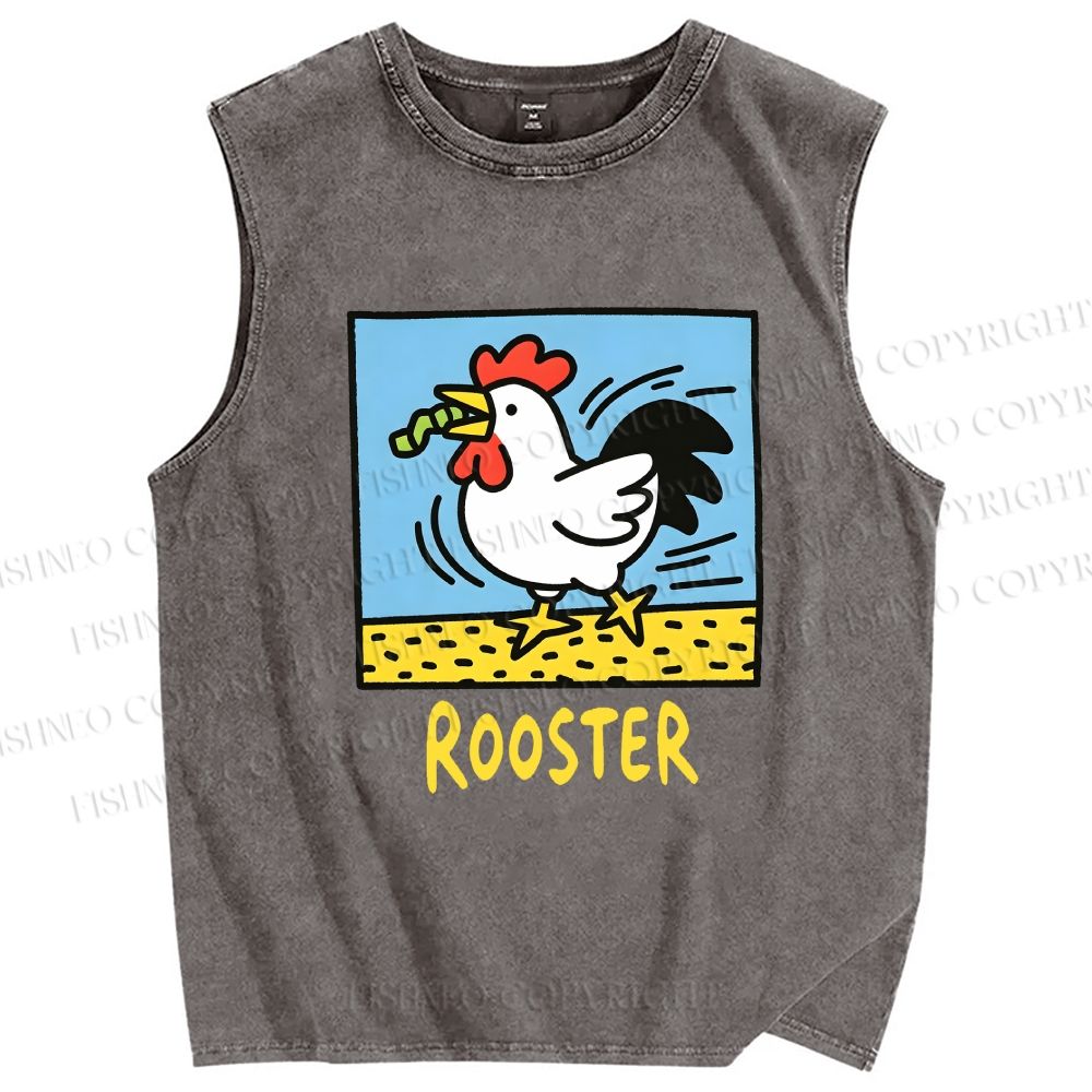 Unisex Rooster Printed Washed Tank Top