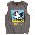 Unisex Rooster Printed Washed Tank Top