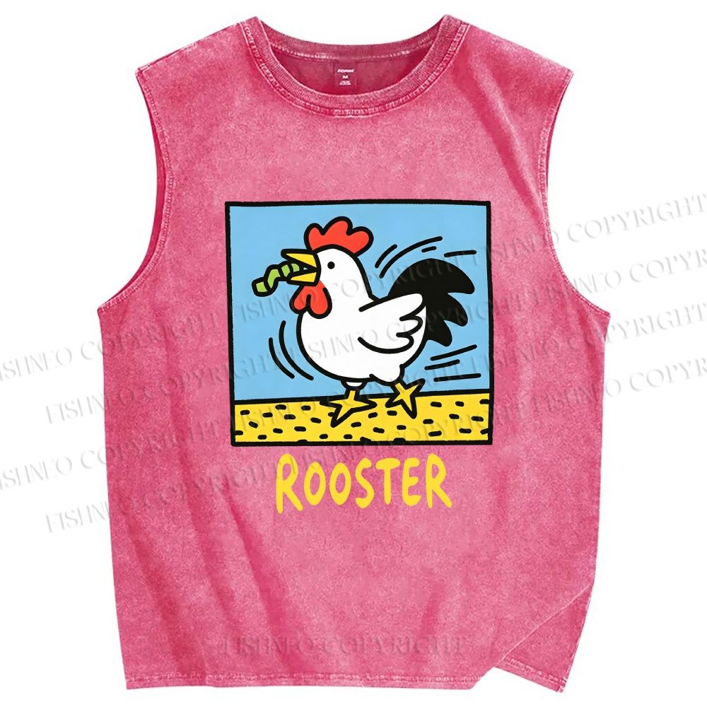 Unisex Rooster Printed Washed Tank Top