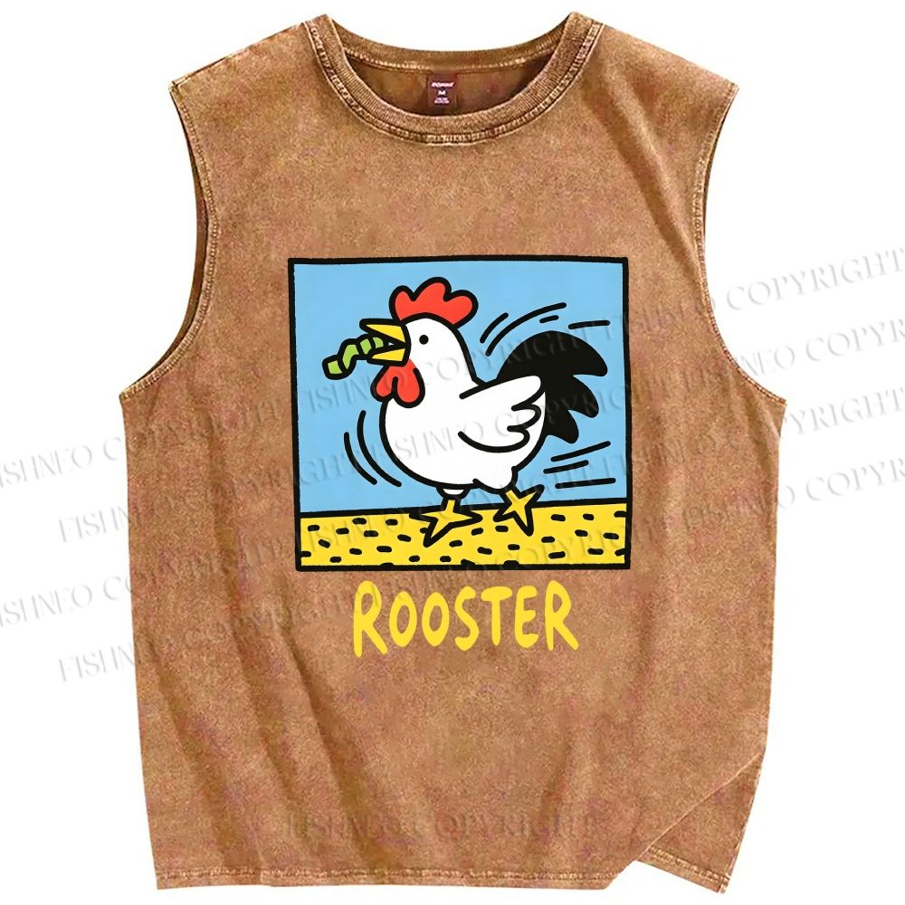 Unisex Rooster Printed Washed Tank Top