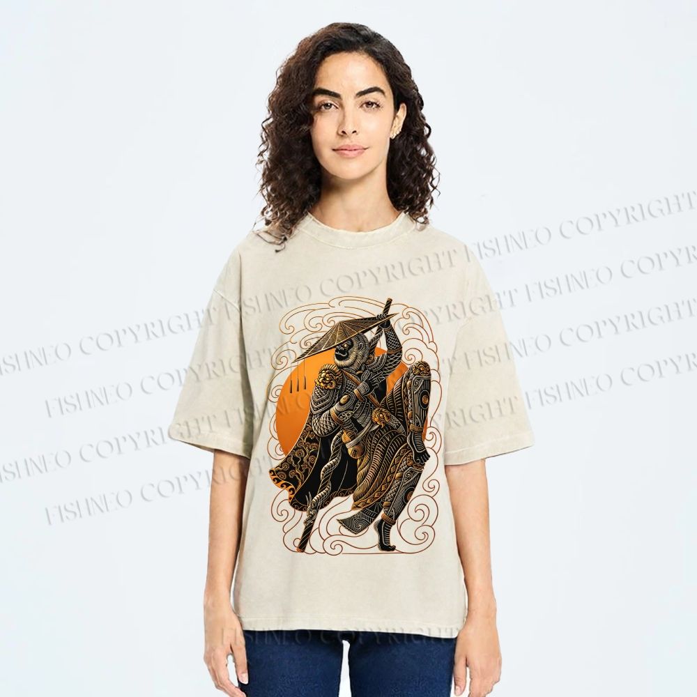 Unisex Retro Samurai Monkey Warrior Ukiyo-e Printed Washed Tee