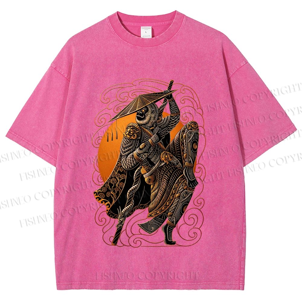 Unisex Retro Samurai Monkey Warrior Ukiyo-e Printed Washed Tee