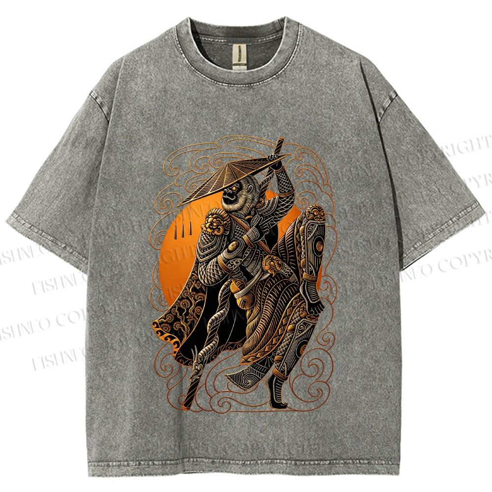 Unisex Retro Samurai Monkey Warrior Ukiyo-e Printed Washed Tee