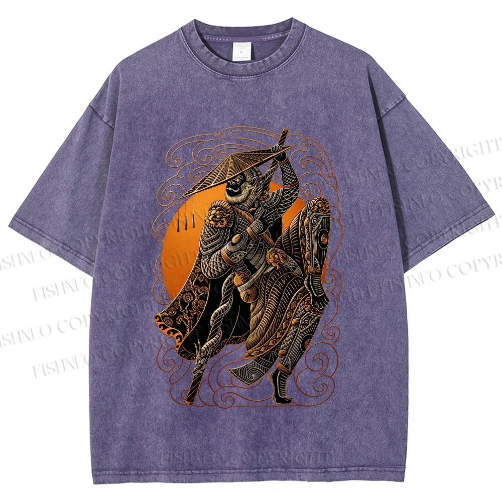 Unisex Retro Samurai Monkey Warrior Ukiyo-e Printed Washed Tee