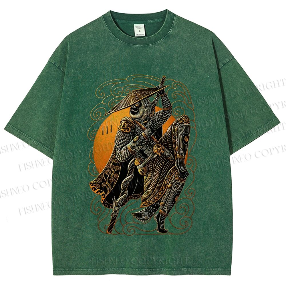 Unisex Retro Samurai Monkey Warrior Ukiyo-e Printed Washed Tee
