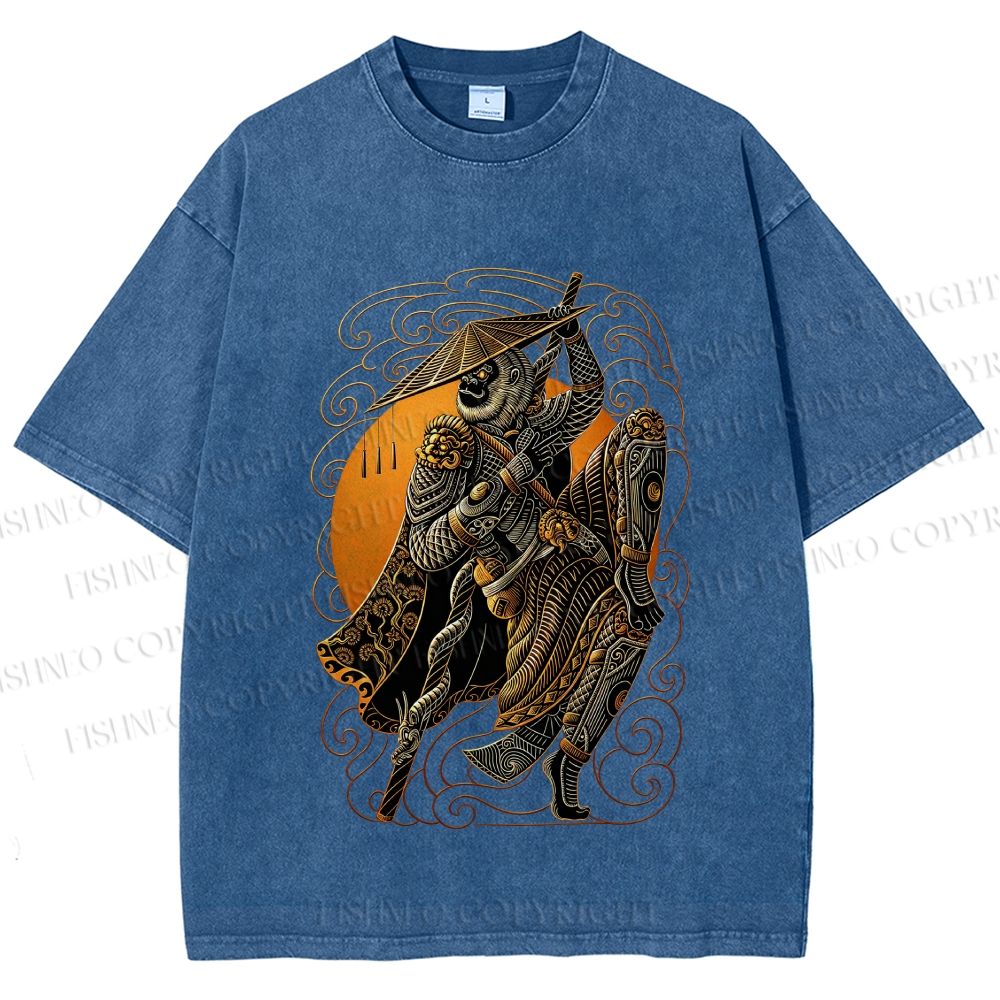Unisex Retro Samurai Monkey Warrior Ukiyo-e Printed Washed Tee