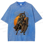 Unisex Retro Samurai Monkey Warrior Ukiyo-e Printed Washed Tee