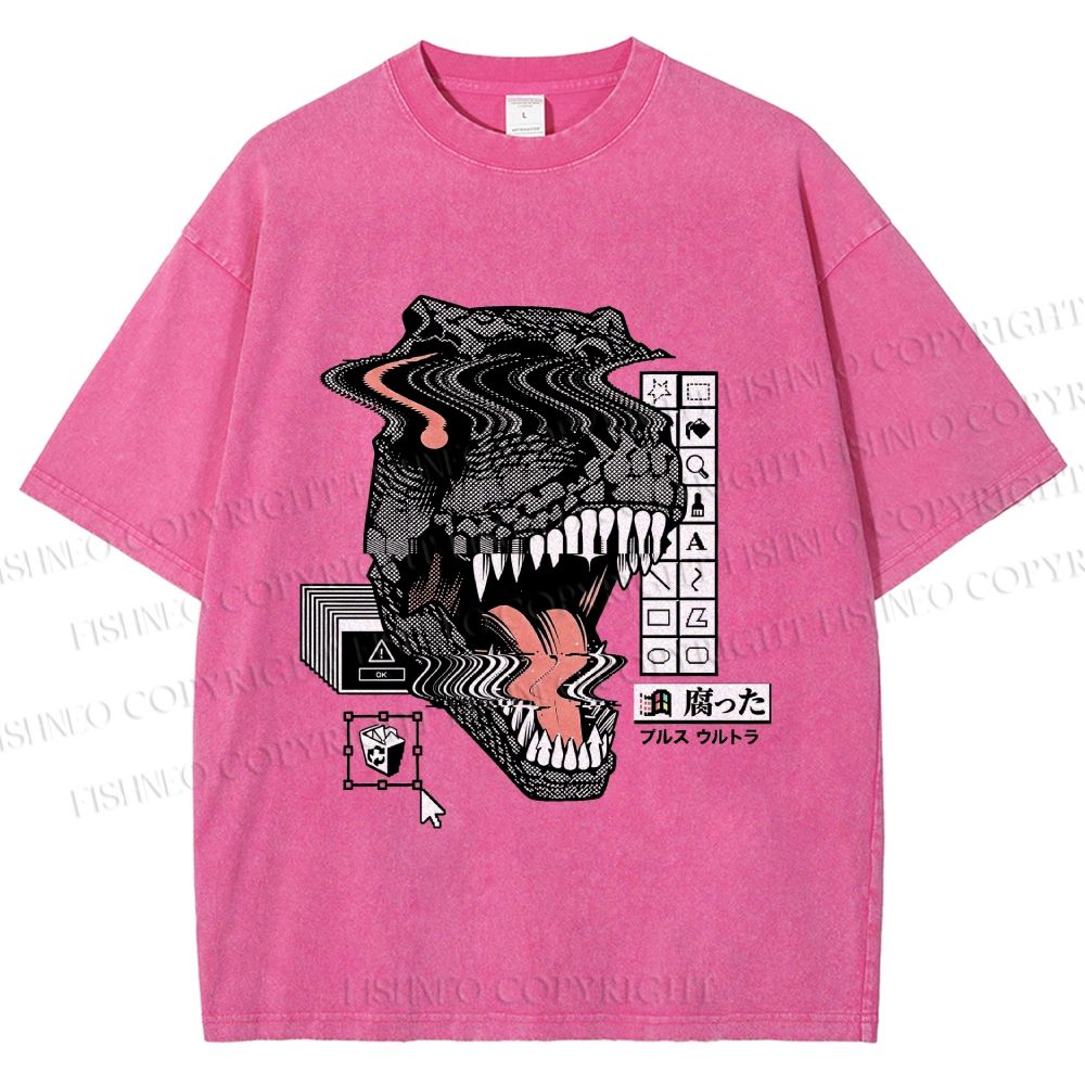 Unisex Glitch Cyber Dinosaur Printed Washed Tee