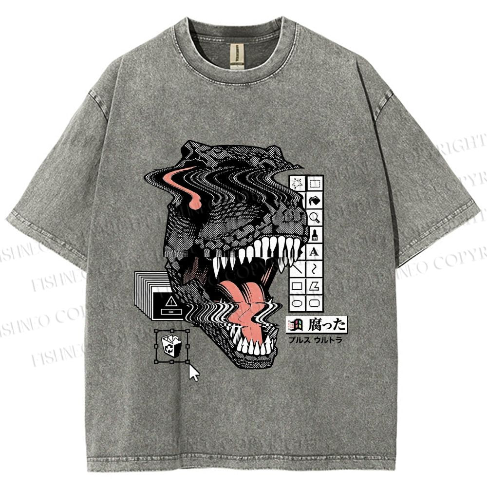 Unisex Glitch Cyber Dinosaur Printed Washed Tee