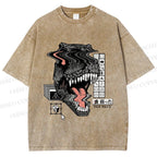 Unisex Glitch Cyber Dinosaur Printed Washed Tee