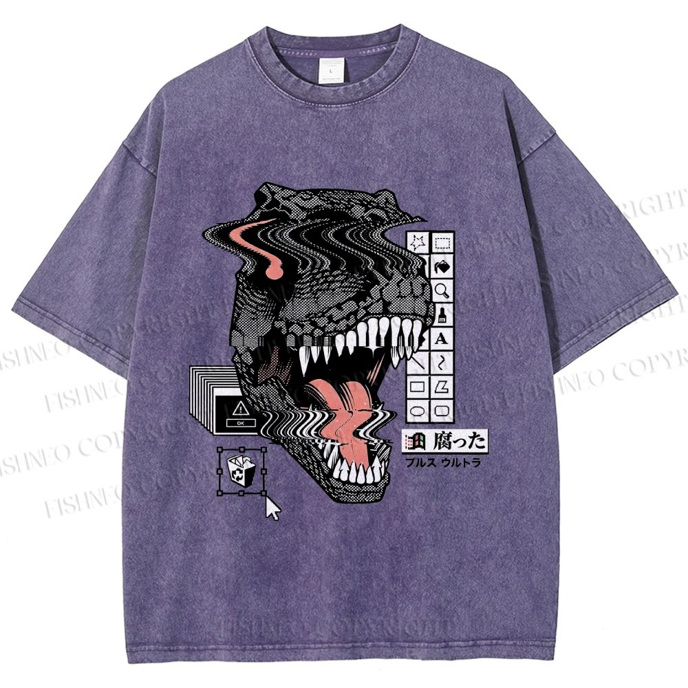 Unisex Glitch Cyber Dinosaur Printed Washed Tee