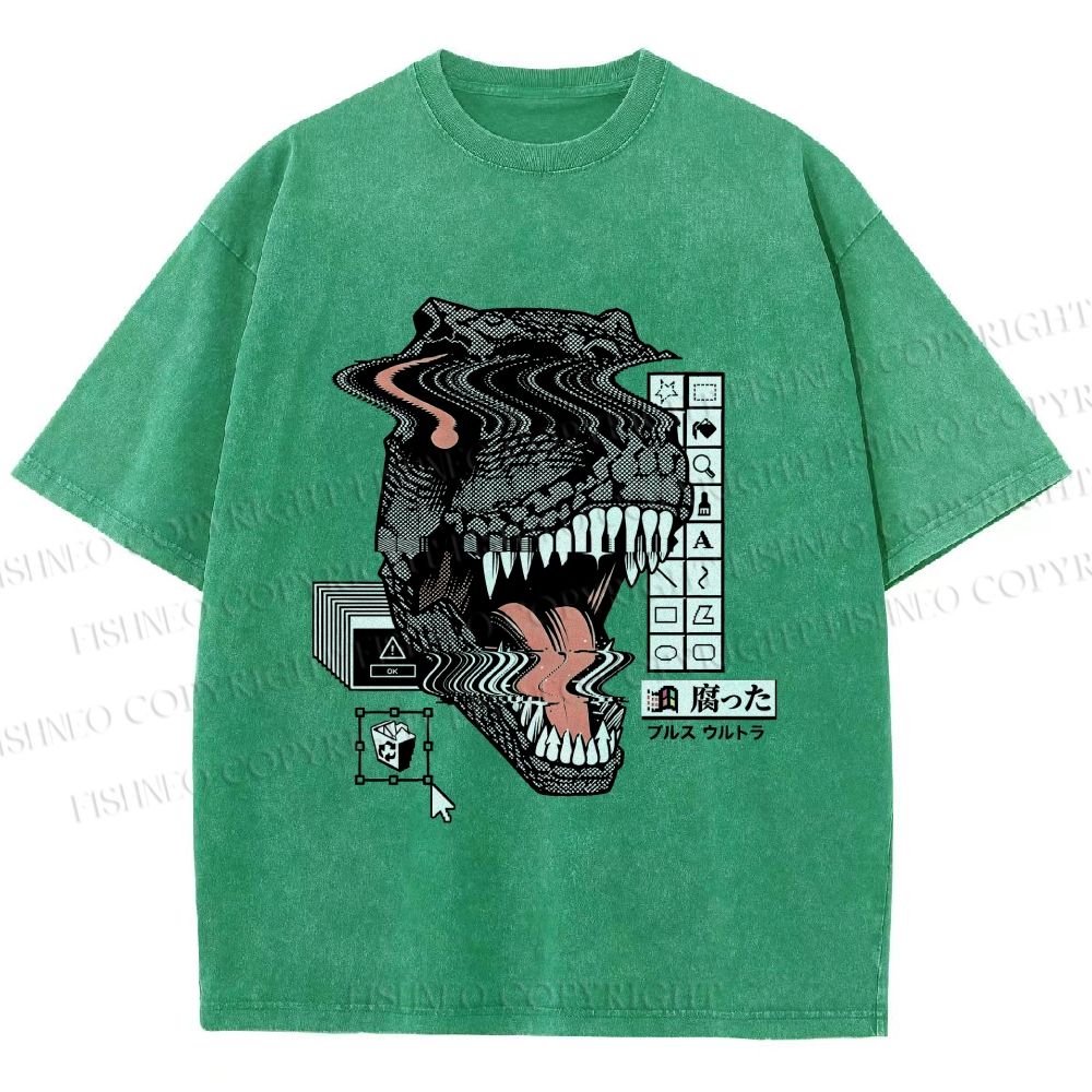 Unisex Glitch Cyber Dinosaur Printed Washed Tee