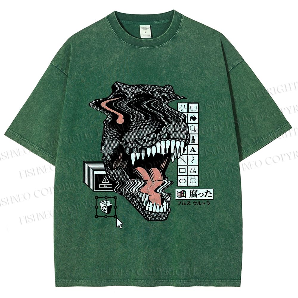 Unisex Glitch Cyber Dinosaur Printed Washed Tee