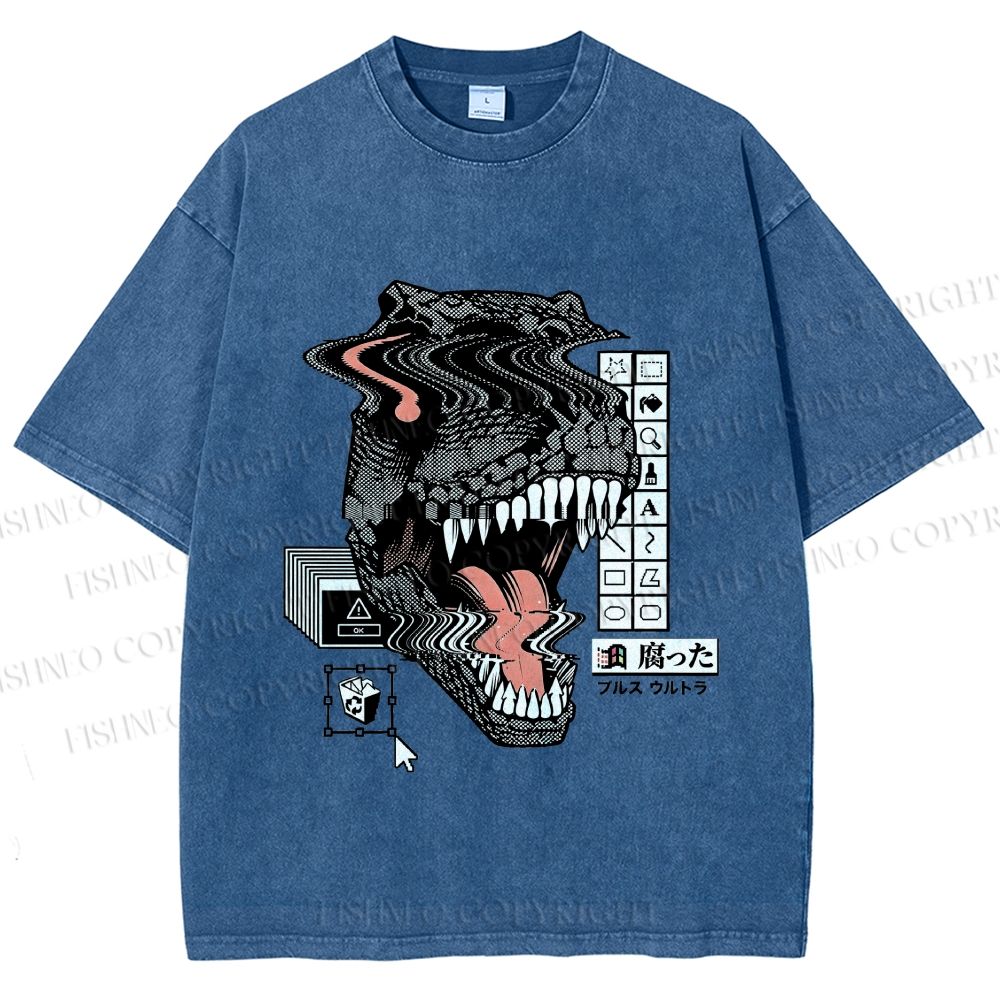 Unisex Glitch Cyber Dinosaur Printed Washed Tee