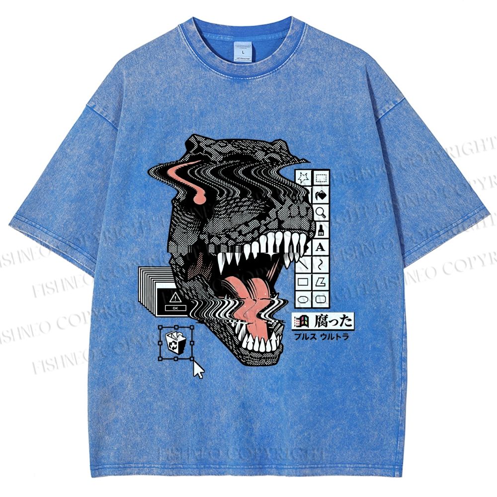 Unisex Glitch Cyber Dinosaur Printed Washed Tee