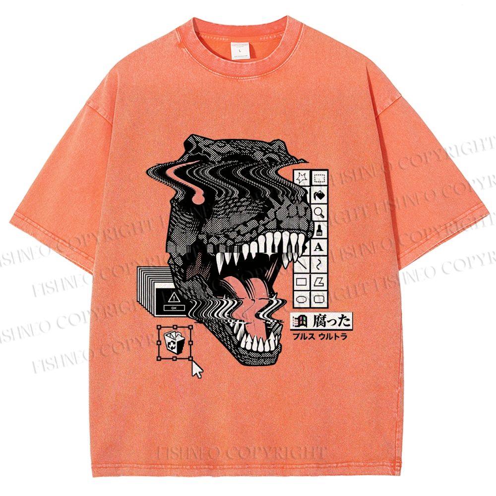 Unisex Glitch Cyber Dinosaur Printed Washed Tee
