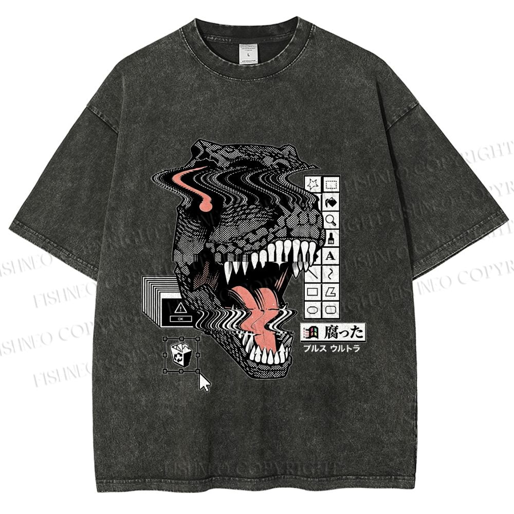 Unisex Glitch Cyber Dinosaur Printed Washed Tee