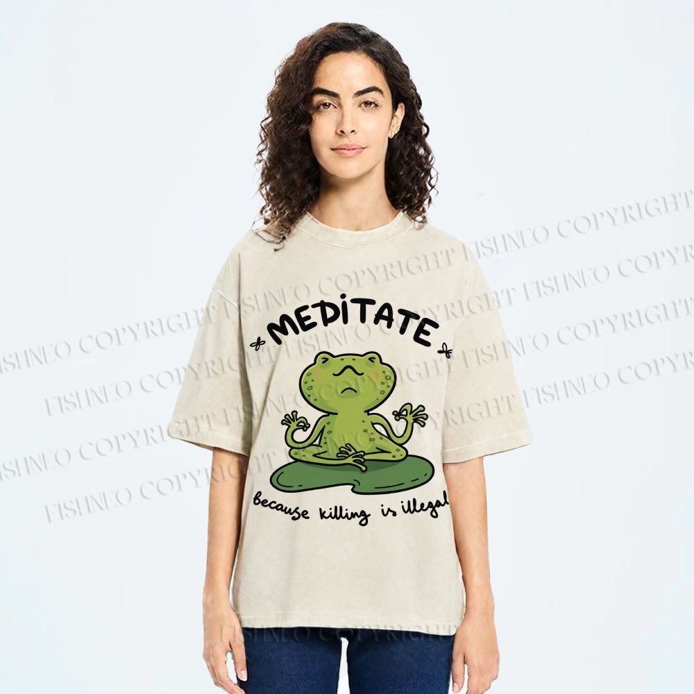 Unisex Funny Meditating Frog Printed Washed Tee
