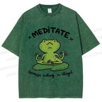 Unisex Funny Meditating Frog Printed Washed Tee