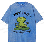 Unisex Funny Meditating Frog Printed Washed Tee