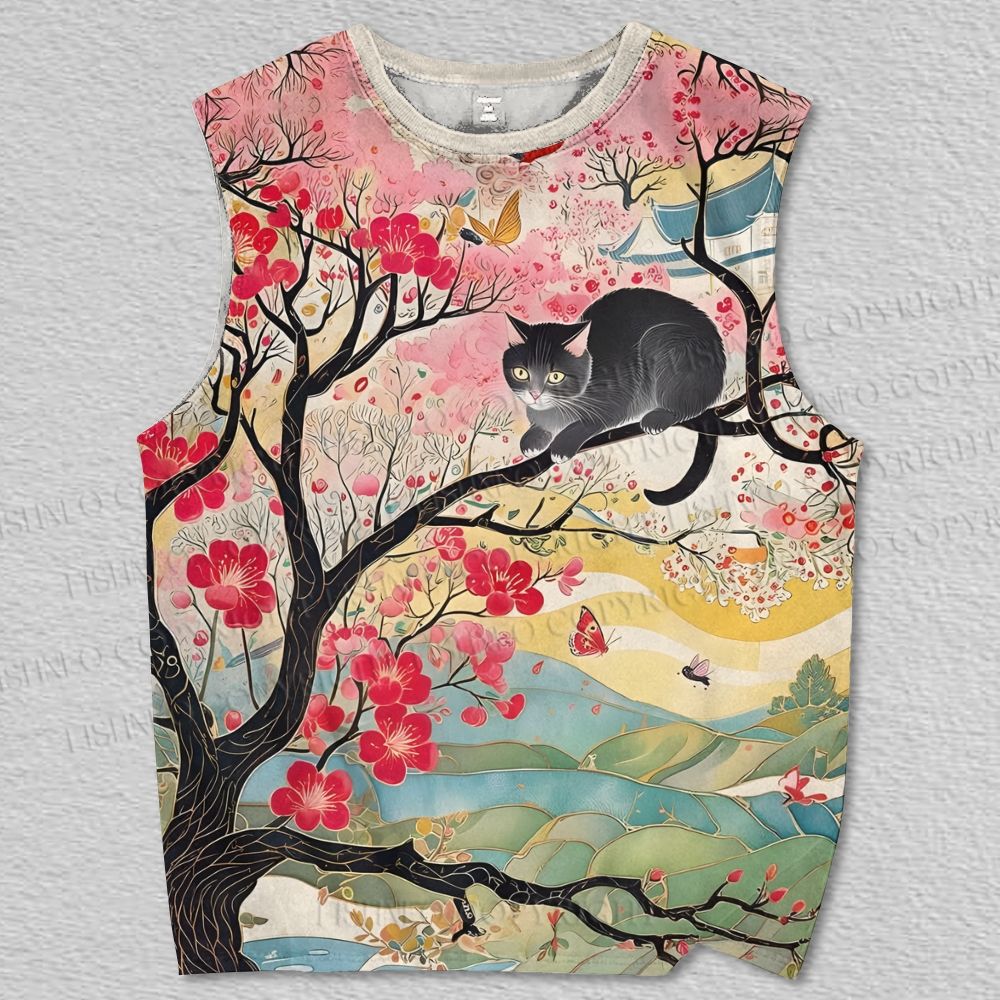 Unisex Vintage Black Cat on Tree Printed Tank Top