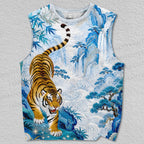 Unisex Tiger in Blue Valley Embroidery Style Printed Tank Top