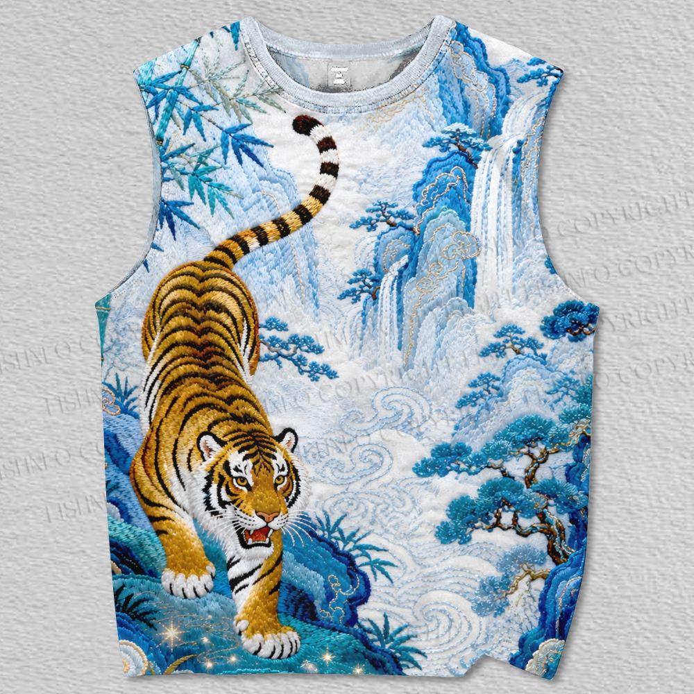 Unisex Tiger in Blue Valley Embroidery Style Printed Tank Top