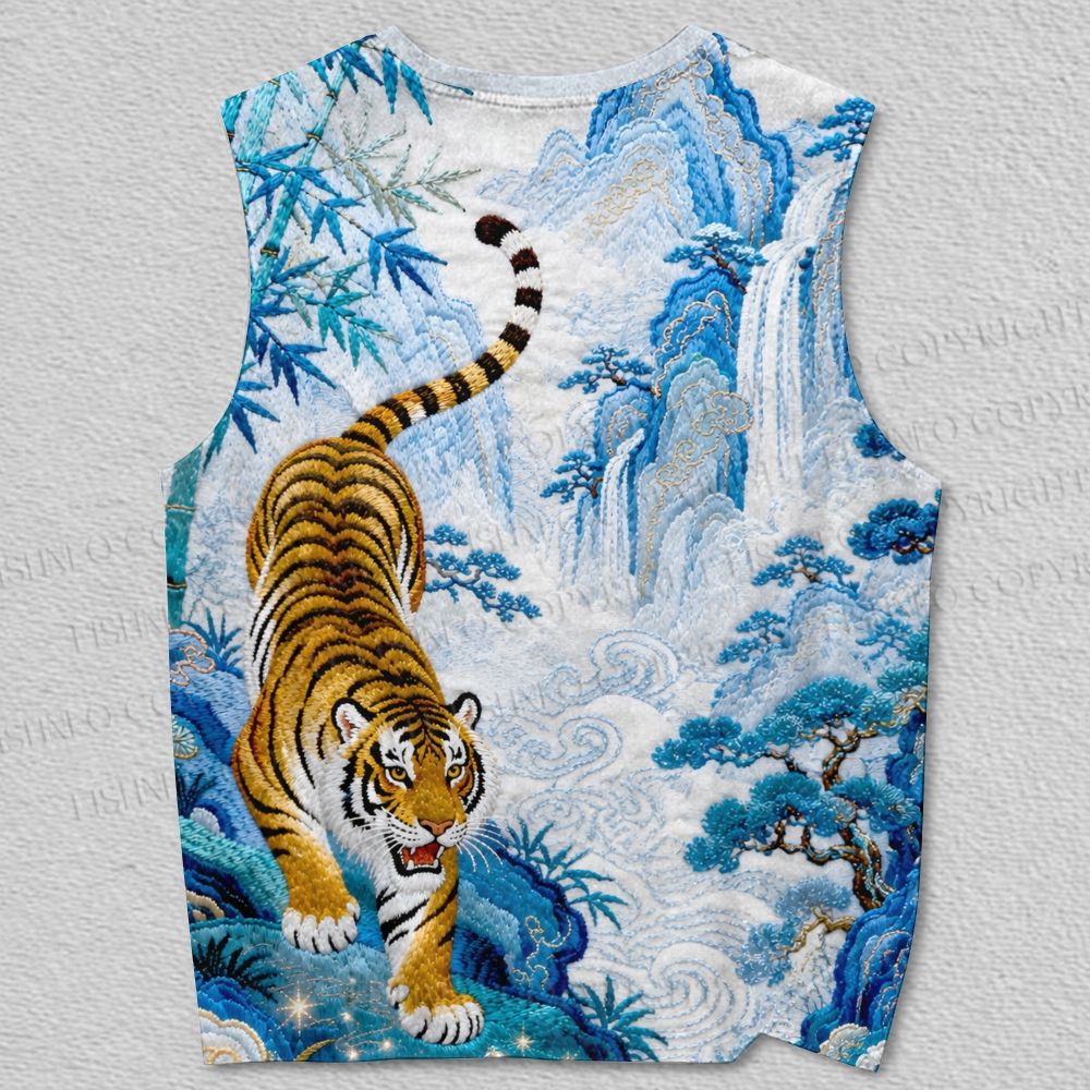 Unisex Tiger in Blue Valley Embroidery Style Printed Tank Top