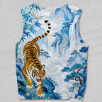 Unisex Tiger in Blue Valley Embroidery Style Printed Tank Top