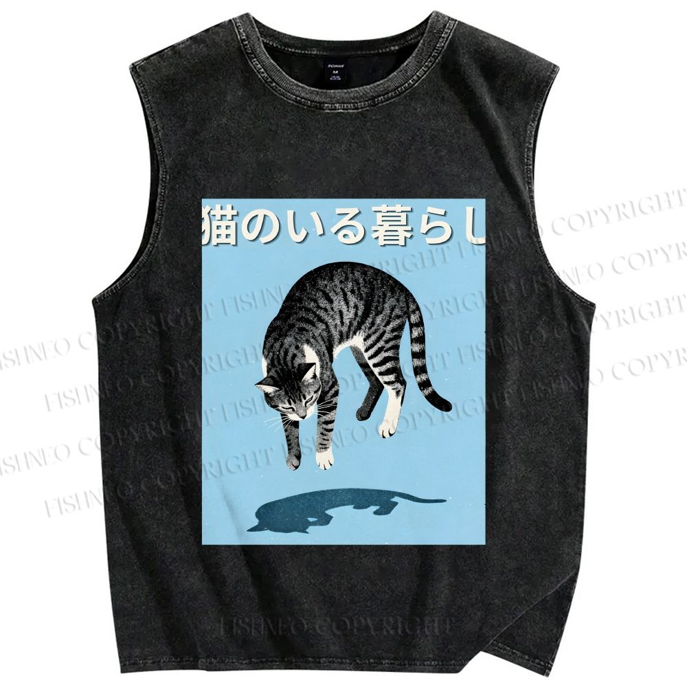 Unisex Japanese Cat Jump in Air Printed Washed Tank Top