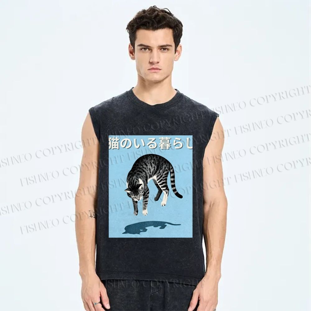 Unisex Japanese Cat Jump in Air Printed Washed Tank Top