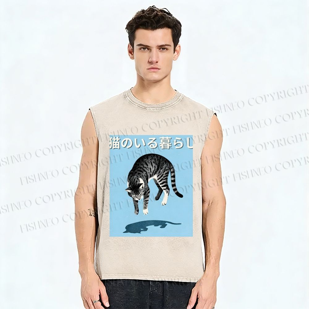 Unisex Japanese Cat Jump in Air Printed Washed Tank Top