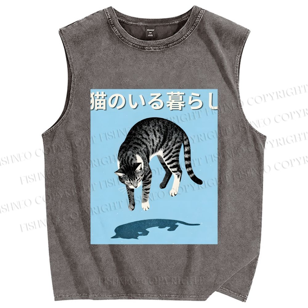 Unisex Japanese Cat Jump in Air Printed Washed Tank Top