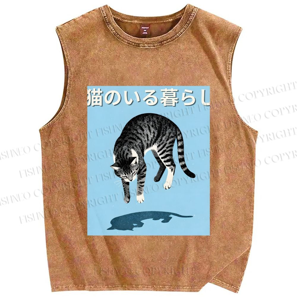 Unisex Japanese Cat Jump in Air Printed Washed Tank Top