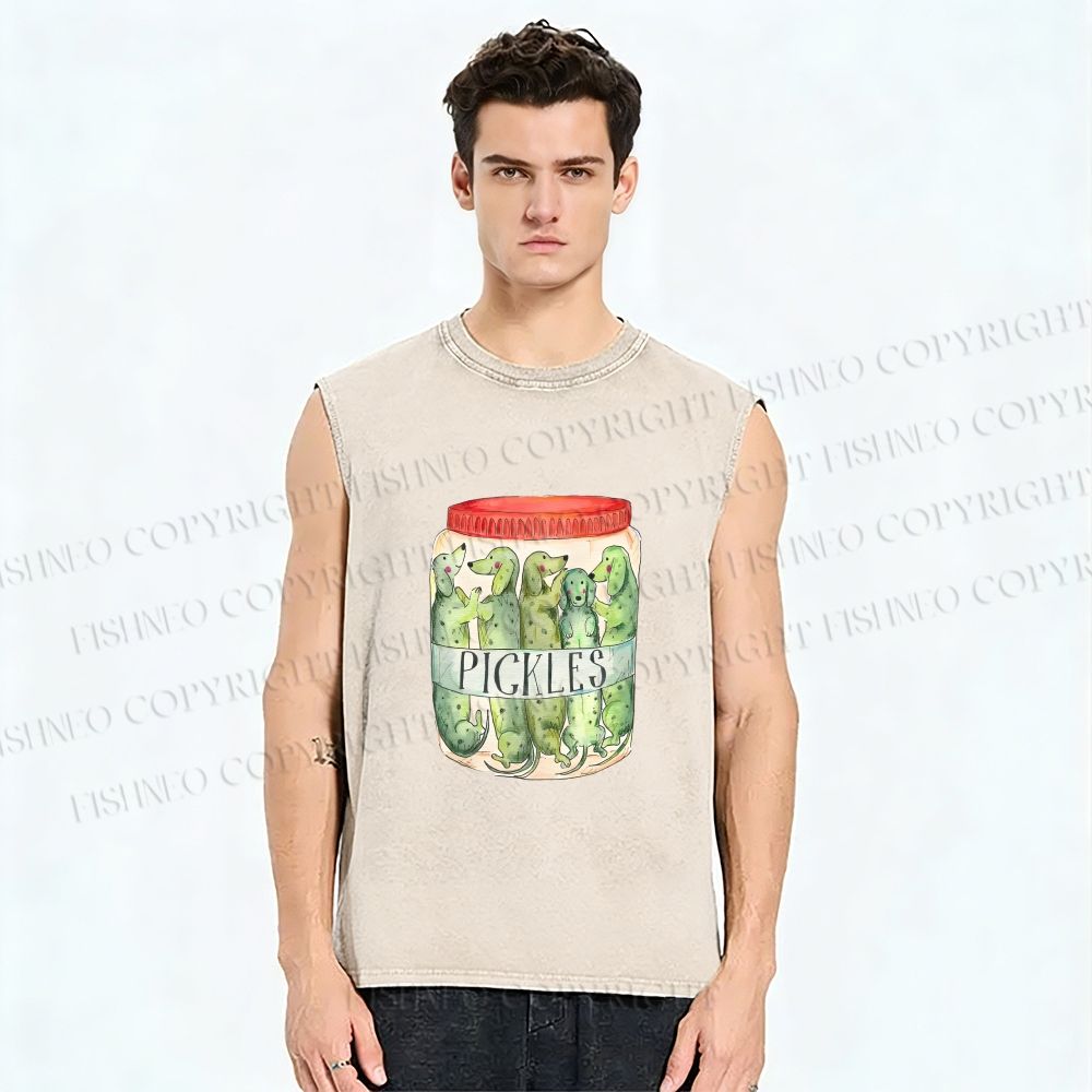 Unisex A Jar of Dachshund Dog Pickles Printed Washed Tank Top