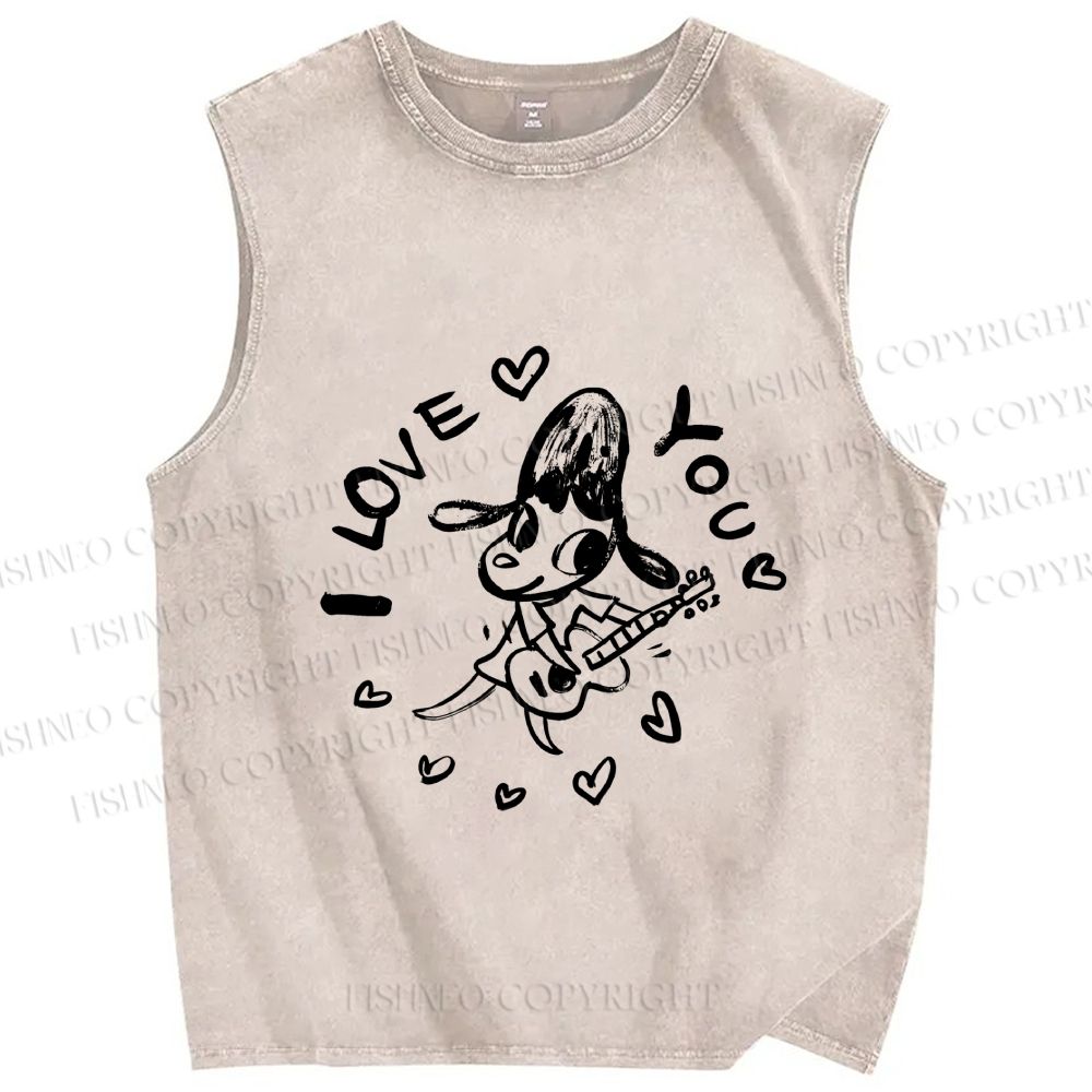Unisex Yoshitomo Nara Play Guitar Love You Printed Washed Tank Top