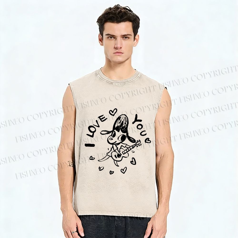 Unisex Yoshitomo Nara Play Guitar Love You Printed Washed Tank Top